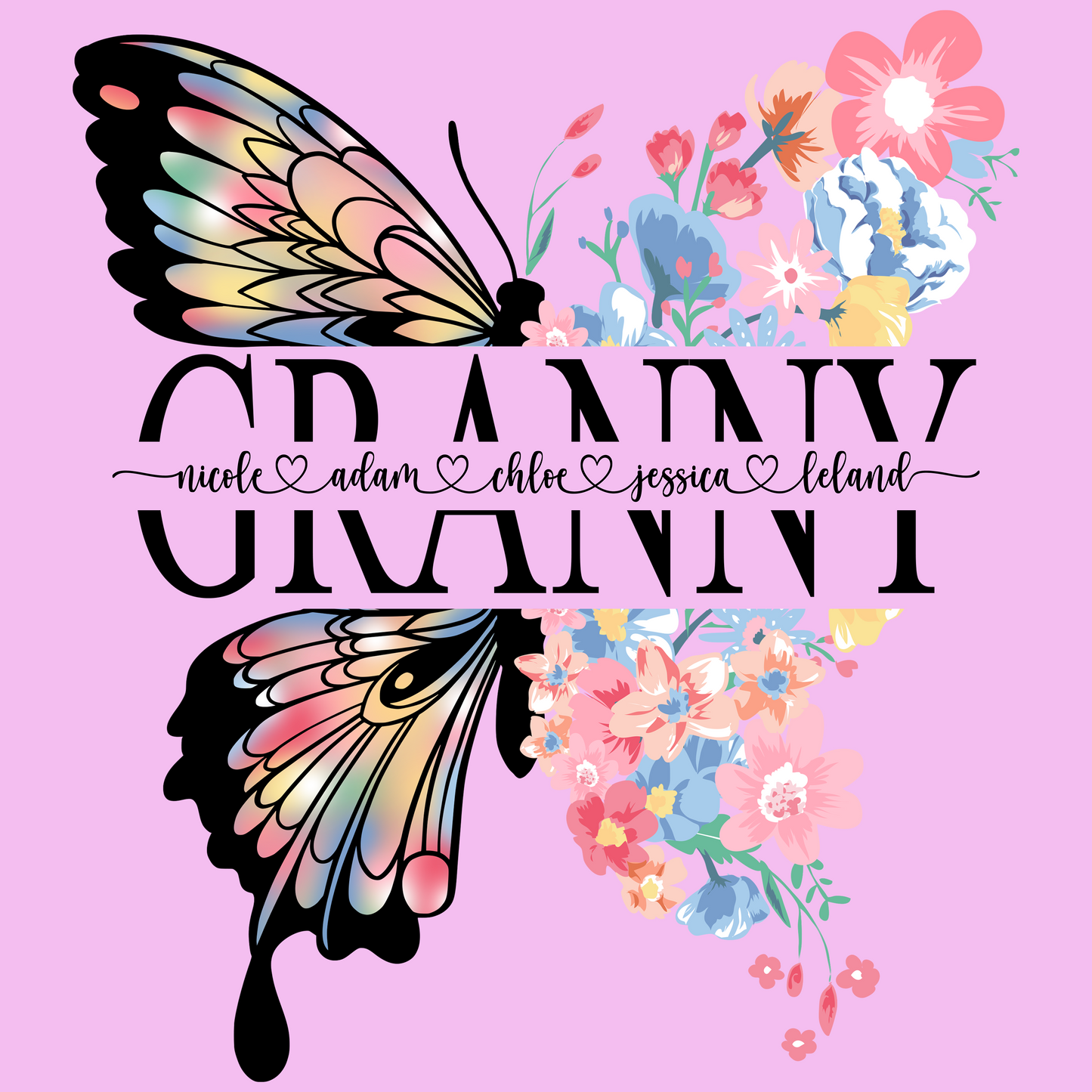 Personalized Butterfly & Floral T-Shirt – Custom Mom, Grandma, Nana, or Mimi Design