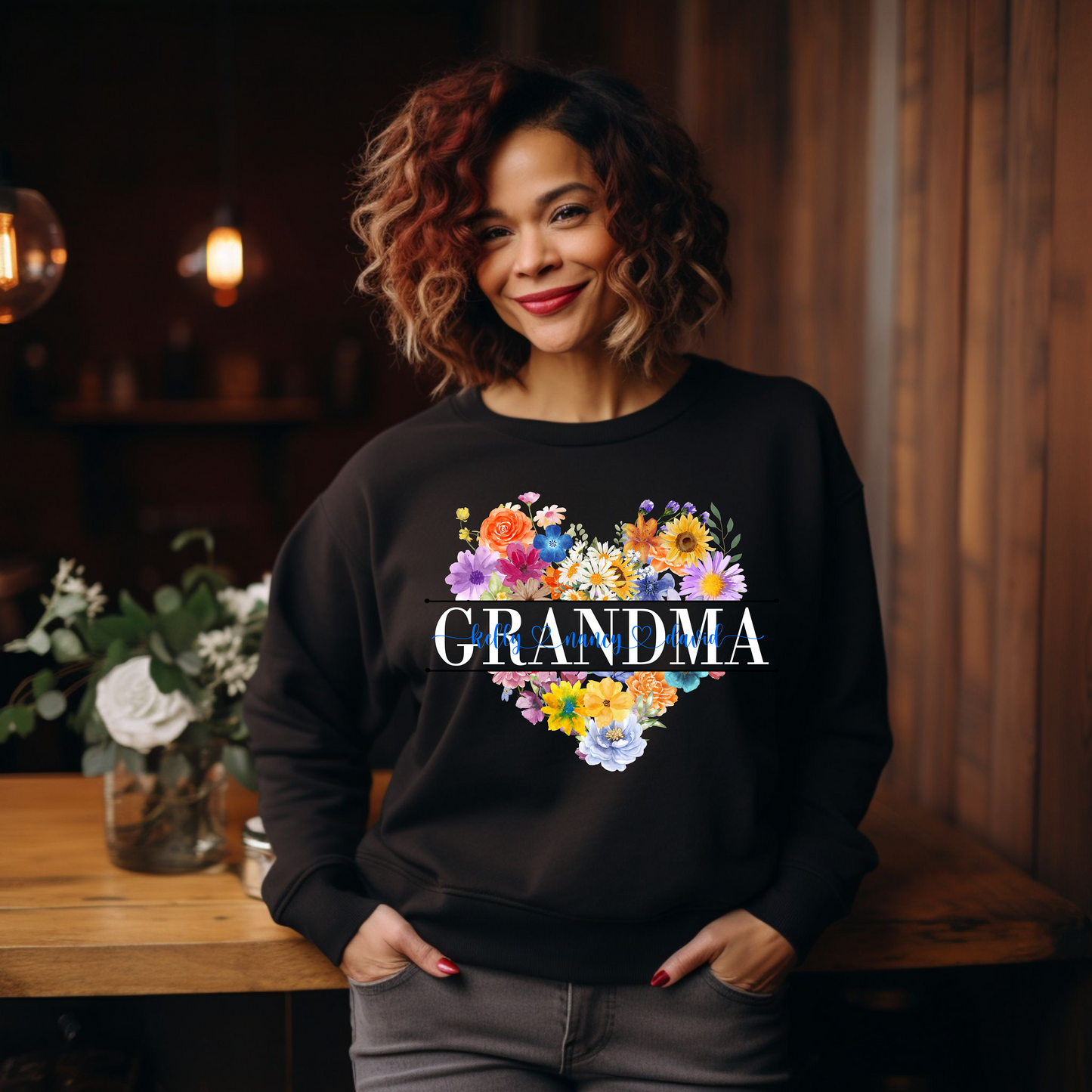 Personalized Gigi, Mimi, Nana, or Grandma Sweatshirt – Heart-Shaped Floral Design with Names