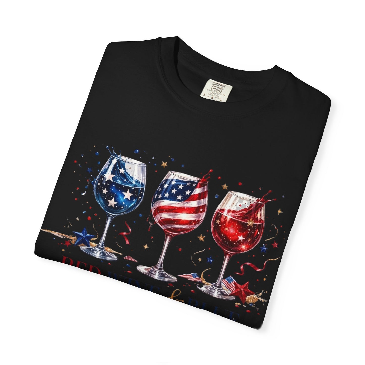 Red Wine & Blue Shirt, Patriotic Wine Lover Tee, Fourth of July Wine Glass T-Shirt, USA Flag Wine Shirt, Independence Day Party Top for Women