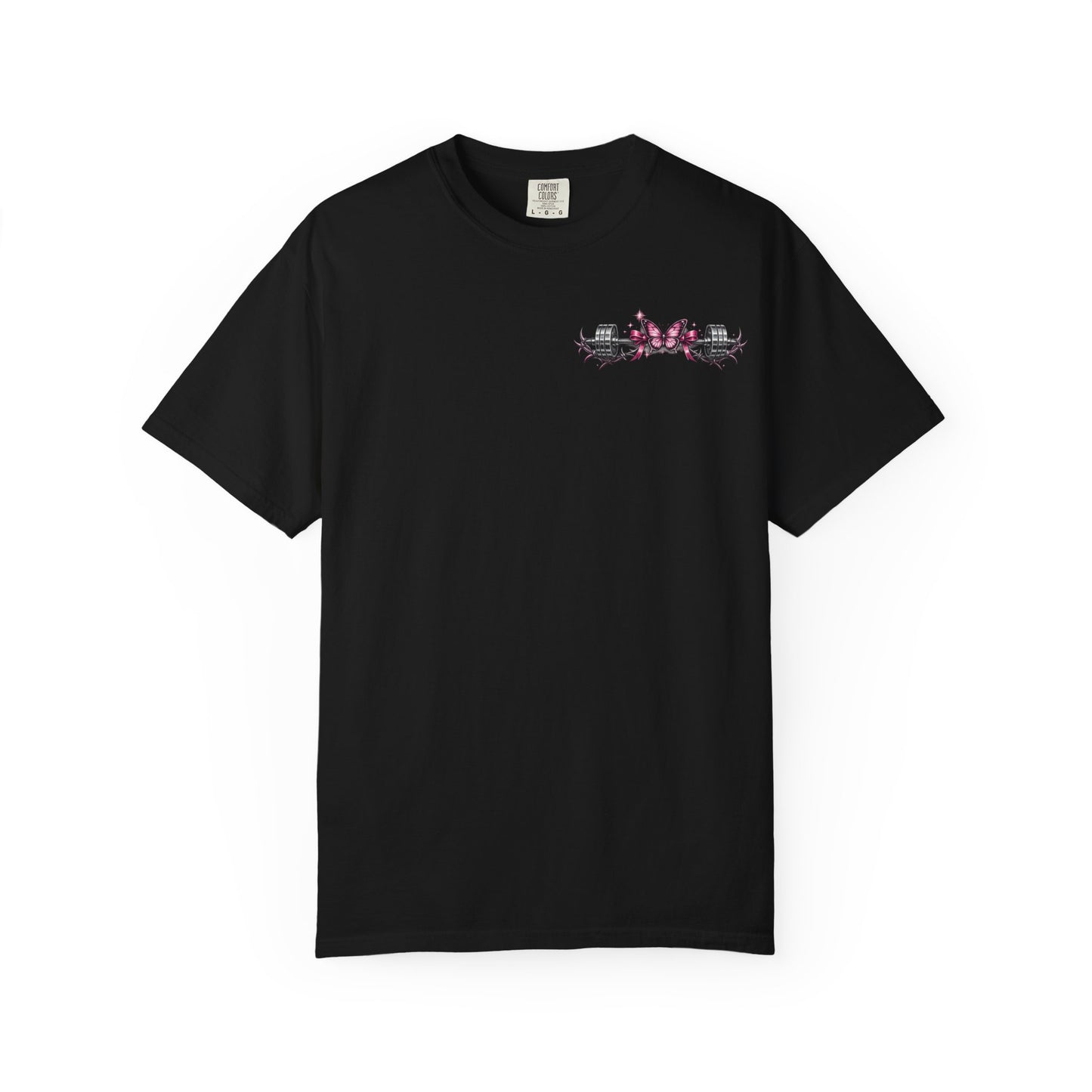 Pain Raised Her Discipline Refined Her Women's Motivational Gym T-Shirt | Butterfly Barbell Fitness Graphic Tee | Oversized Workout Shirt