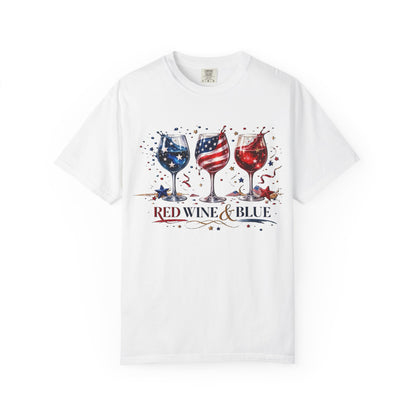 Red Wine & Blue Shirt, Patriotic Wine Lover Tee, Fourth of July Wine Glass T-Shirt, USA Flag Wine Shirt, Independence Day Party Top for Women