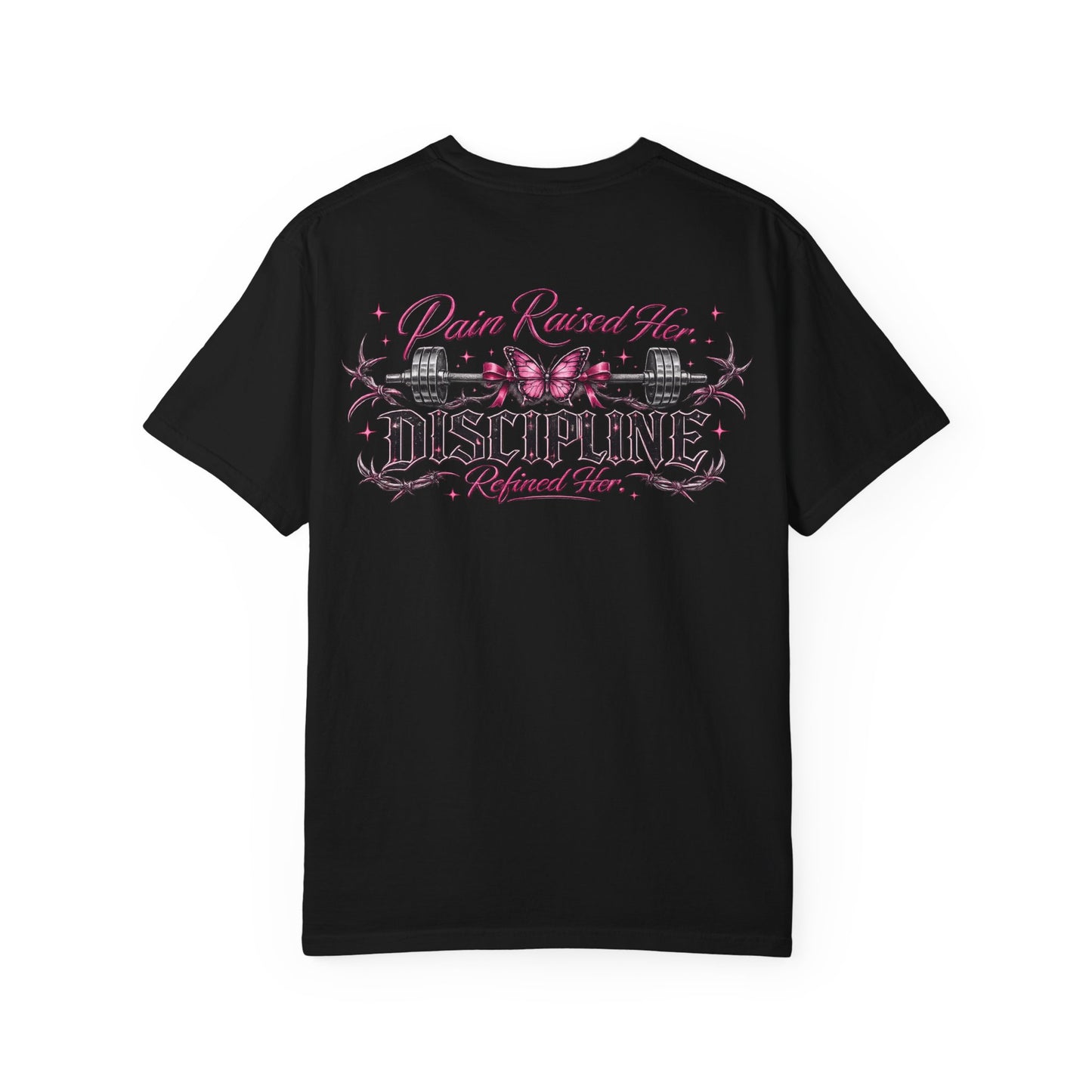 Pain Raised Her Discipline Refined Her Women's Motivational Gym T-Shirt | Butterfly Barbell Fitness Graphic Tee | Oversized Workout Shirt