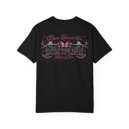 Pain Raised Her Discipline Refined Her Women's Motivational Gym T-Shirt | Butterfly Barbell Fitness Graphic Tee | Oversized Workout Shirt