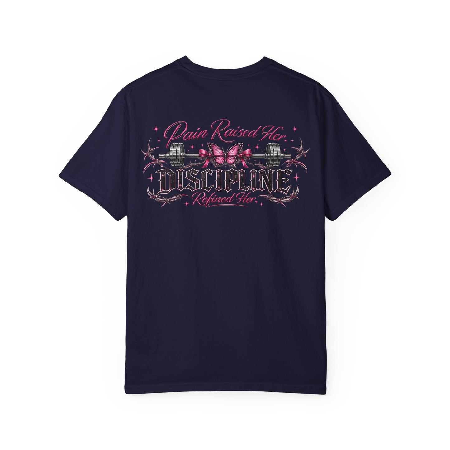 Pain Raised Her Discipline Refined Her Women's Motivational Gym T-Shirt | Butterfly Barbell Fitness Graphic Tee | Oversized Workout Shirt