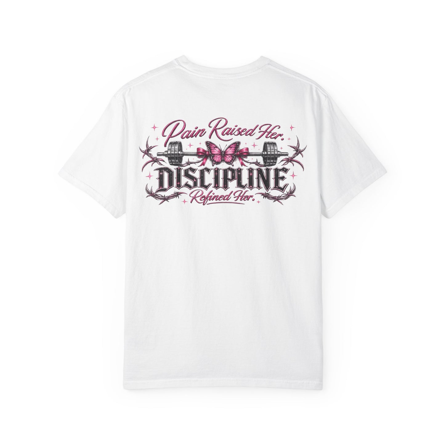 Pain Raised Her Discipline Refined Her Women's Motivational Gym T-Shirt | Butterfly Barbell Fitness Graphic Tee | Oversized Workout Shirt