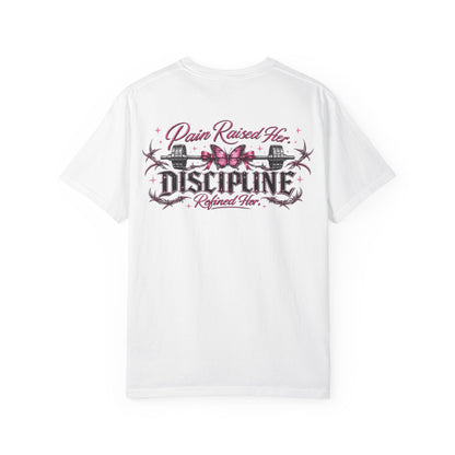 Pain Raised Her Discipline Refined Her Women's Motivational Gym T-Shirt | Butterfly Barbell Fitness Graphic Tee | Oversized Workout Shirt