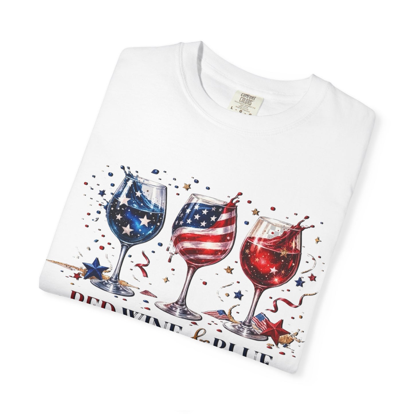 Red Wine & Blue Shirt, Patriotic Wine Lover Tee, Fourth of July Wine Glass T-Shirt, USA Flag Wine Shirt, Independence Day Party Top for Women