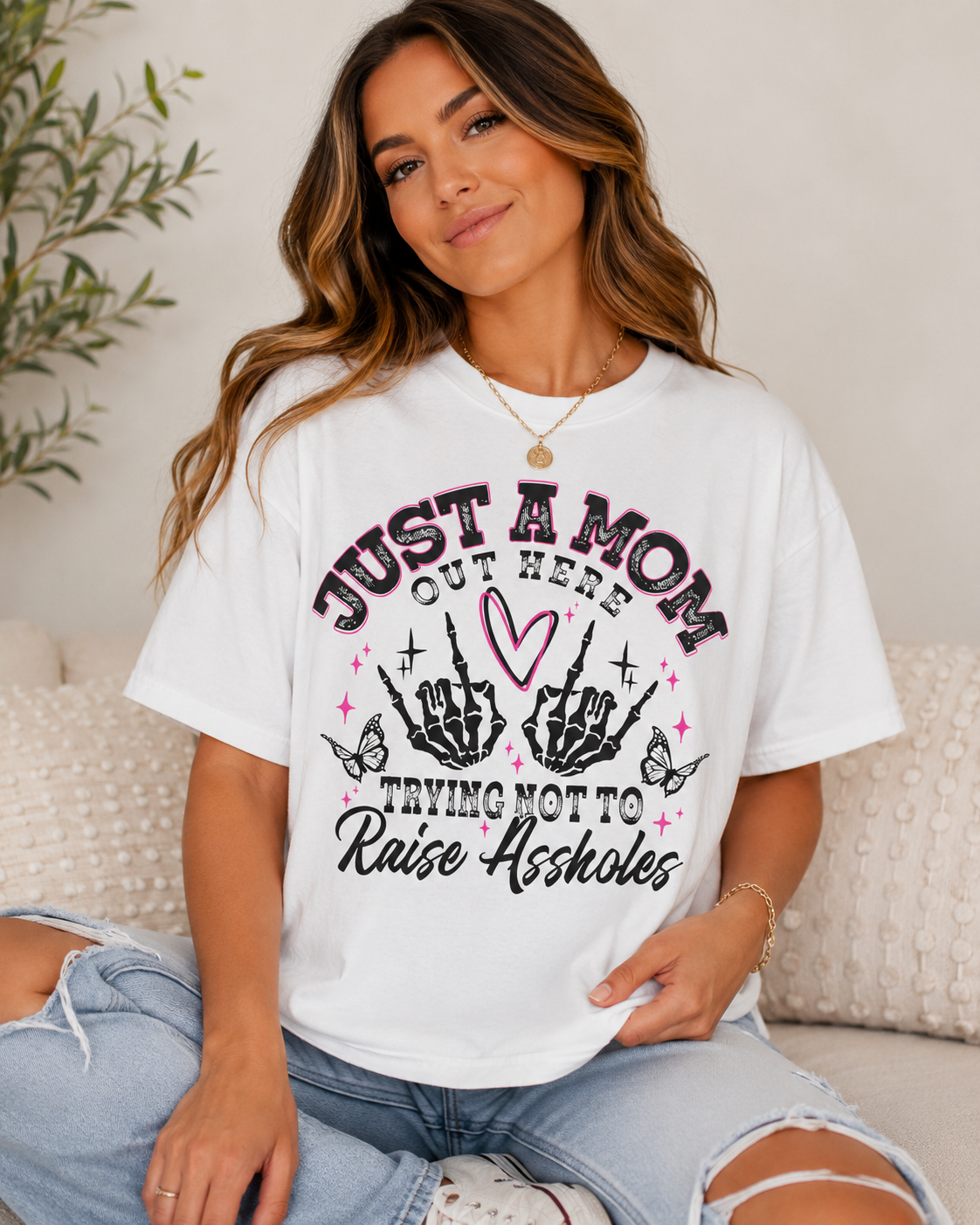 Funny Mom Shirt | Just A Mom Out Here Trying Not To Raise Assholes Comfort Colors Tee | Mother's Day Gift