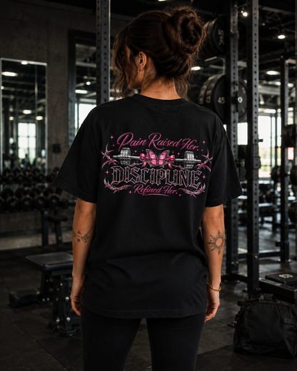 Pain Raised Her Discipline Refined Her Women's Motivational Gym T-Shirt | Butterfly Barbell Fitness Graphic Tee | Oversized Workout Shirt
