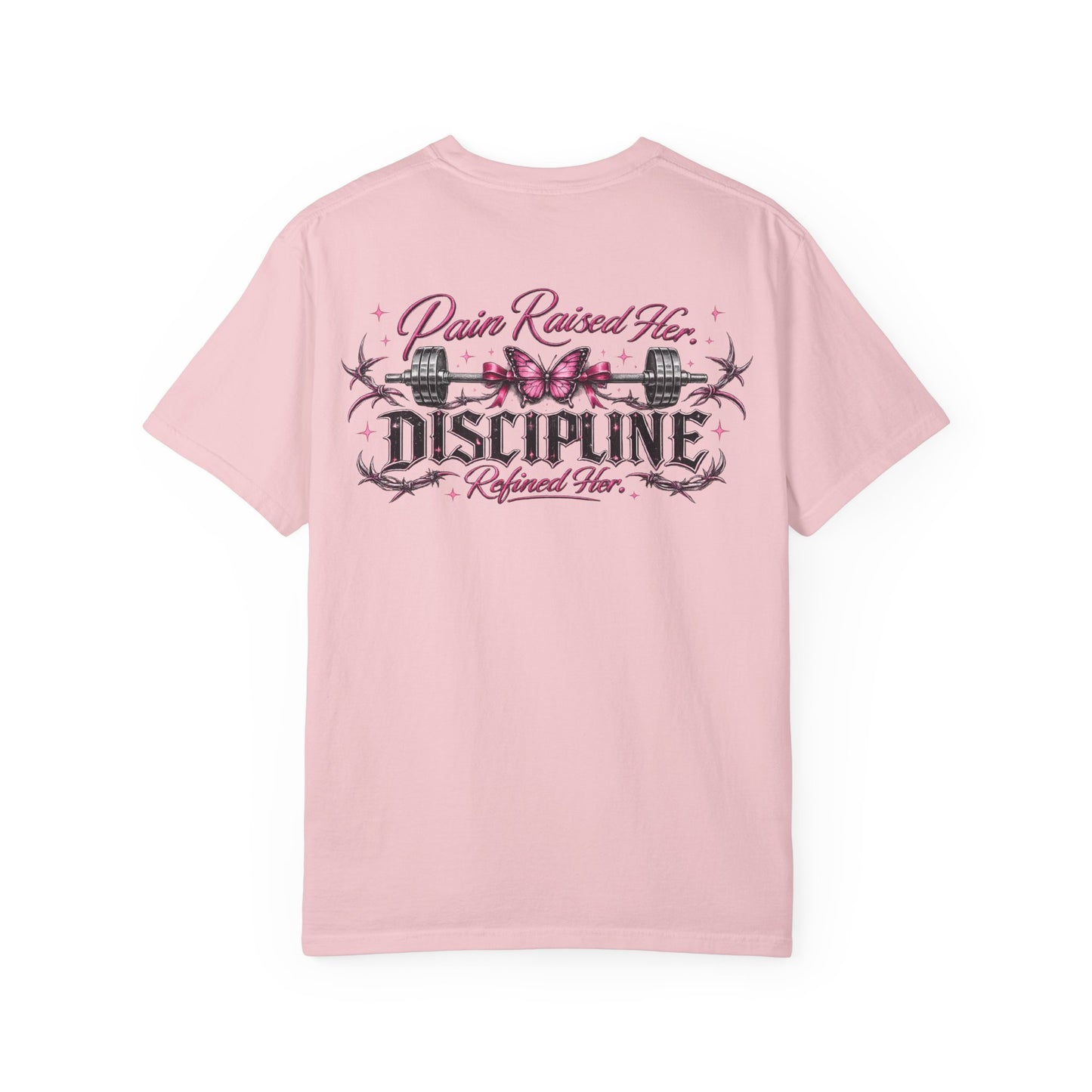 Pain Raised Her Discipline Refined Her Women's Motivational Gym T-Shirt | Butterfly Barbell Fitness Graphic Tee | Oversized Workout Shirt