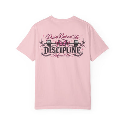 Pain Raised Her Discipline Refined Her Women's Motivational Gym T-Shirt | Butterfly Barbell Fitness Graphic Tee | Oversized Workout Shirt