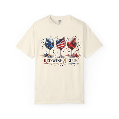 Red Wine & Blue Shirt, Patriotic Wine Lover Tee, Fourth of July Wine Glass T-Shirt, USA Flag Wine Shirt, Independence Day Party Top for Women