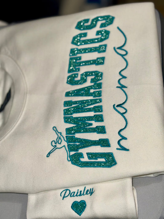 Custom Gymnastics Mama Sweatshirt – Personalized Sleeve Name & Glitter Options