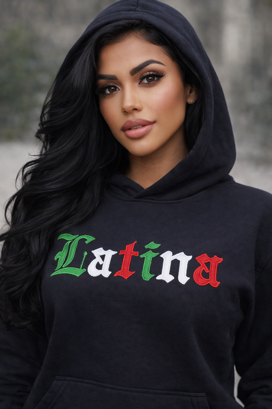 Custom Glitter “Latina” Embroidered Hoodie – Personalized Heritage Flag Colors | Mexican, Costa Rican, Salvadoran & More