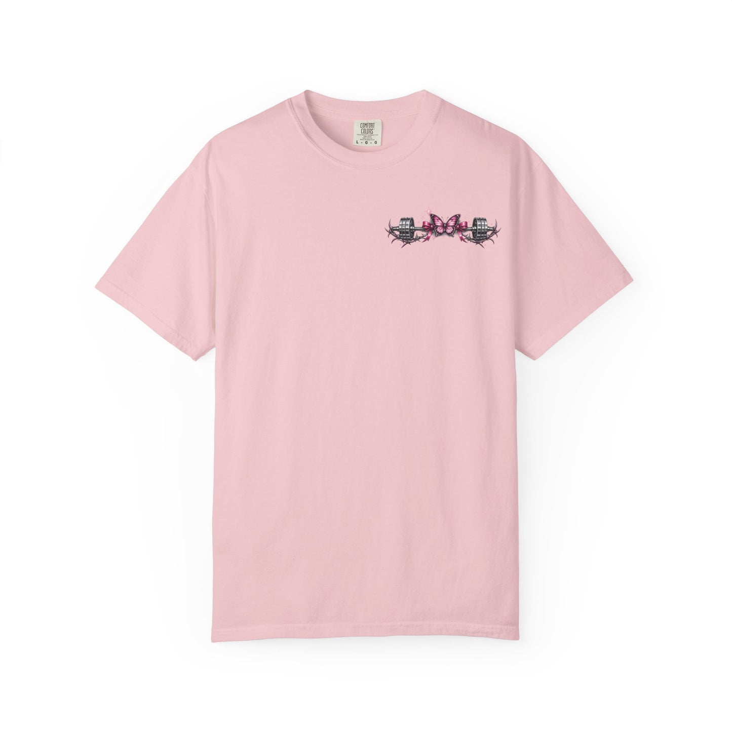 Pain Raised Her Discipline Refined Her Women's Motivational Gym T-Shirt | Butterfly Barbell Fitness Graphic Tee | Oversized Workout Shirt