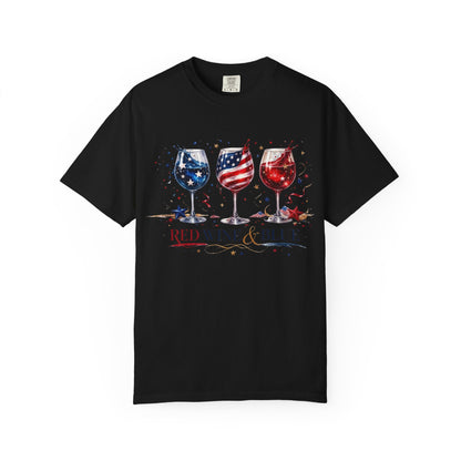 Red Wine & Blue Shirt, Patriotic Wine Lover Tee, Fourth of July Wine Glass T-Shirt, USA Flag Wine Shirt, Independence Day Party Top for Women