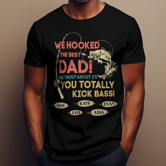 Personalized Hooked on Dad or Papa T-Shirt – Custom Gift with Kids' Names