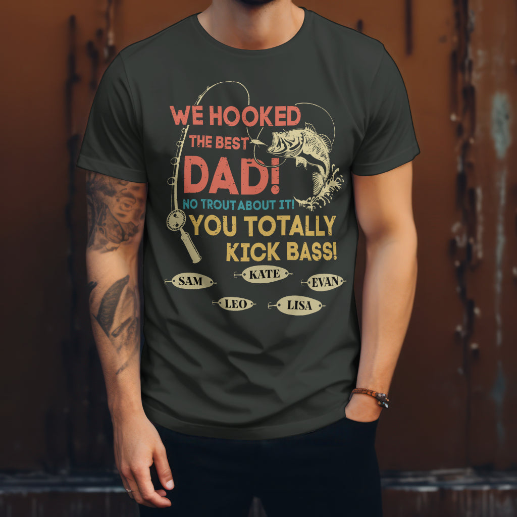 Personalized Hooked on Dad or Papa T-Shirt – Custom Gift with Kids' Names