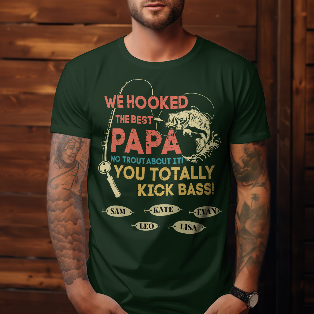 Personalized Hooked on Dad or Papa T-Shirt – Custom Gift with Kids' Names