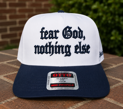 Fear God Nothing Else Embroidered OTTO Hat | Snapback Cap | Old English Faith Hat | Two-Tone White & Navy Baseball Cap