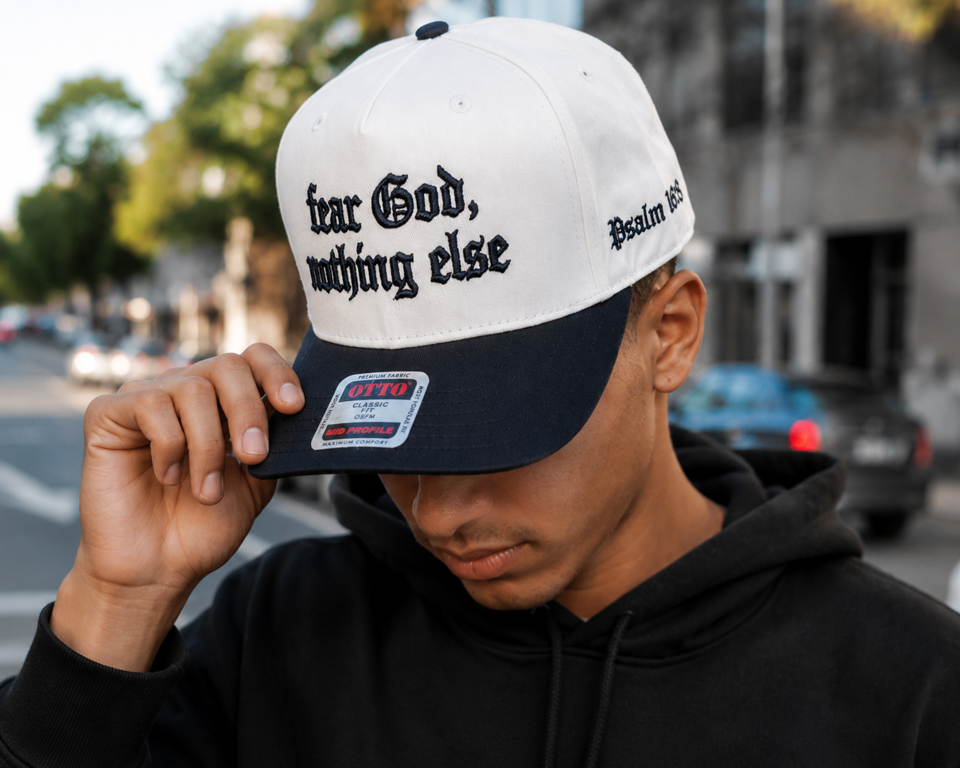 Fear God Nothing Else Embroidered OTTO Hat | Snapback Cap | Old English Faith Hat | Two-Tone White & Navy Baseball Cap