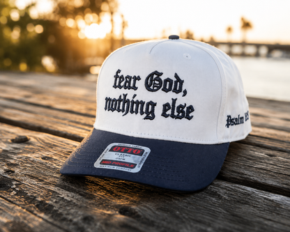 Fear God Nothing Else Embroidered OTTO Hat | Snapback Cap | Old English Faith Hat | Two-Tone White & Navy Baseball Cap