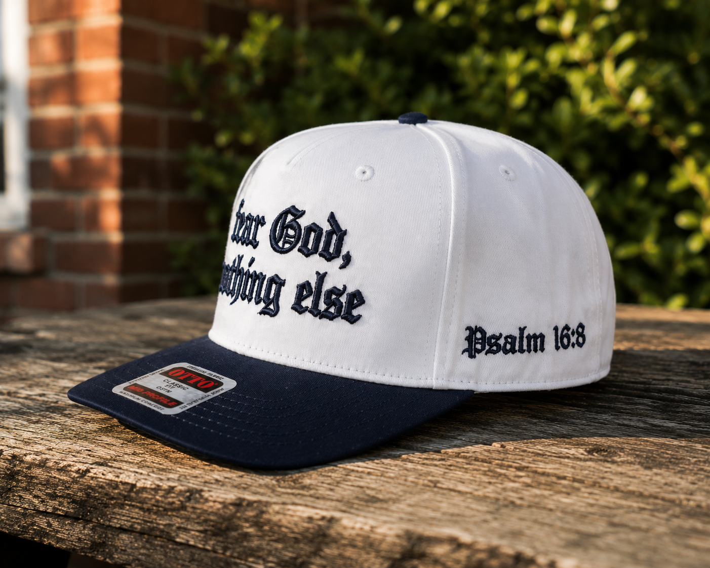 Fear God Nothing Else Embroidered OTTO Hat | Snapback Cap | Old English Faith Hat | Two-Tone White & Navy Baseball Cap