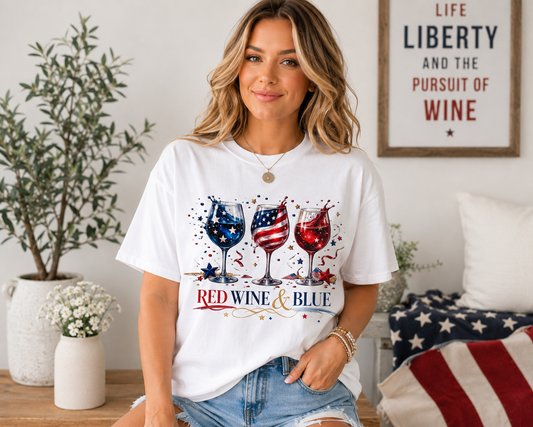 Red Wine & Blue Shirt, Patriotic Wine Lover Tee, Fourth of July Wine Glass T-Shirt, USA Flag Wine Shirt, Independence Day Party Top for Women