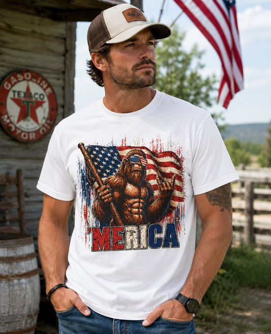 Bigfoot Merica Shirt | Patriotic Sasquatch American Flag Fourth of July Graphic Tee