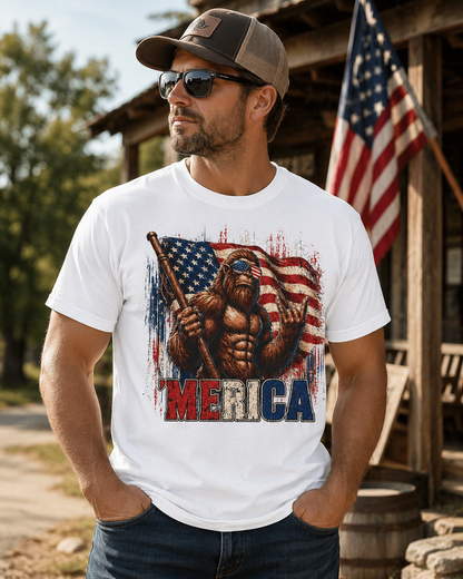 Bigfoot Merica Shirt | Patriotic Sasquatch American Flag Fourth of July Graphic Tee