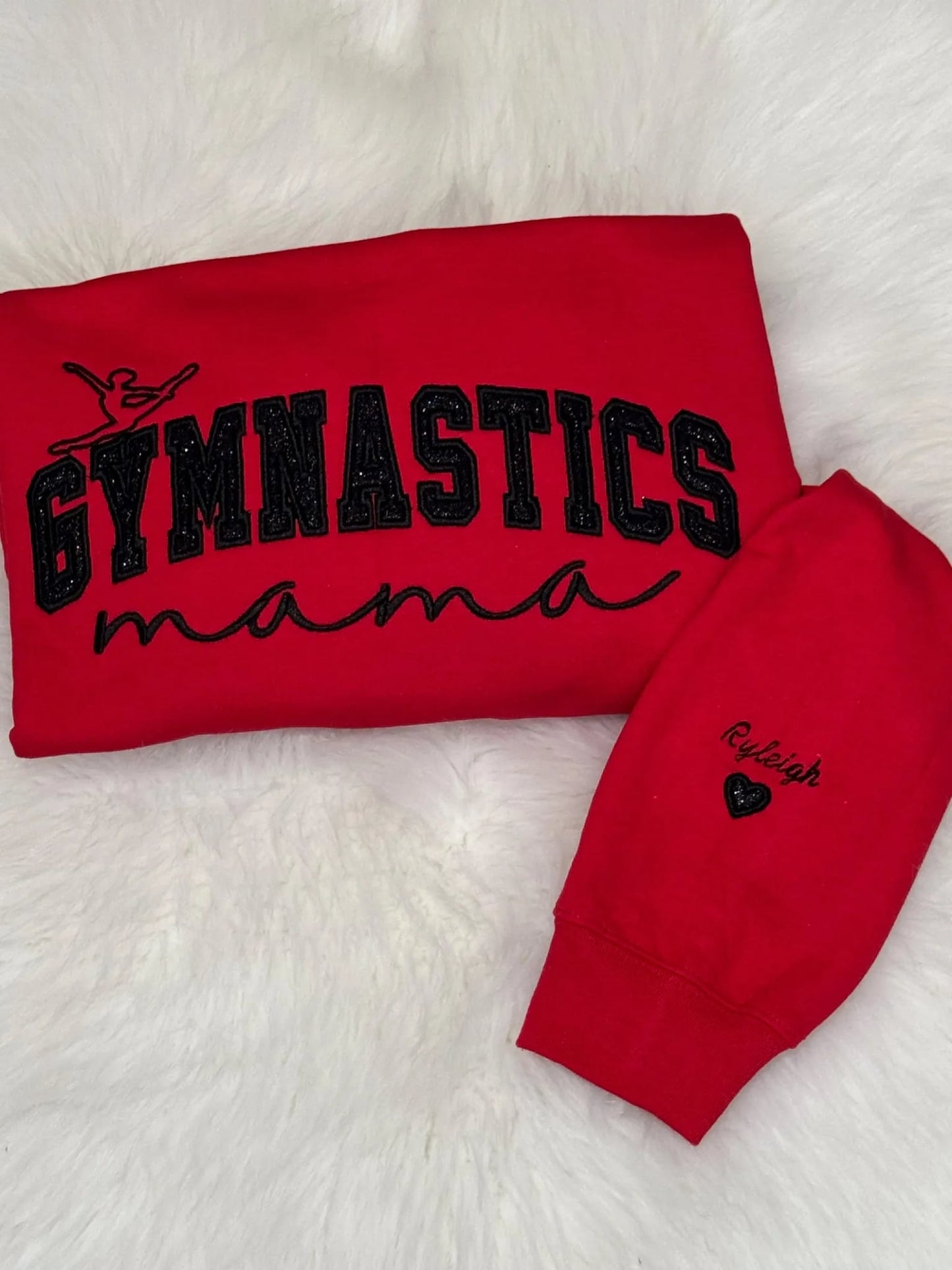 Custom Gymnastics Mama Sweatshirt – Personalized Sleeve Name & Glitter Options