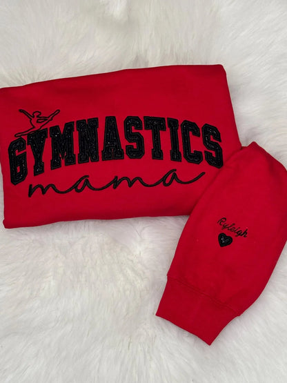 Custom Gymnastics Mama Sweatshirt – Personalized Sleeve Name & Glitter Options