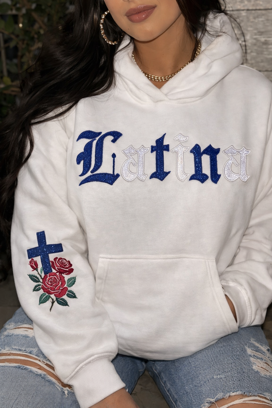 Custom Glitter “Latina” Embroidered Hoodie – Personalized Heritage Flag Colors | Mexican, Costa Rican, Salvadoran & More