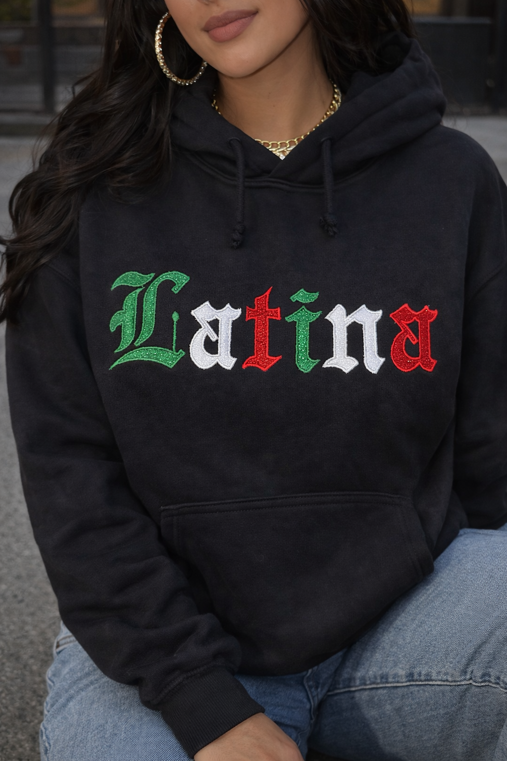 Custom Glitter “Latina” Embroidered Hoodie – Personalized Heritage Flag Colors | Mexican, Costa Rican, Salvadoran & More