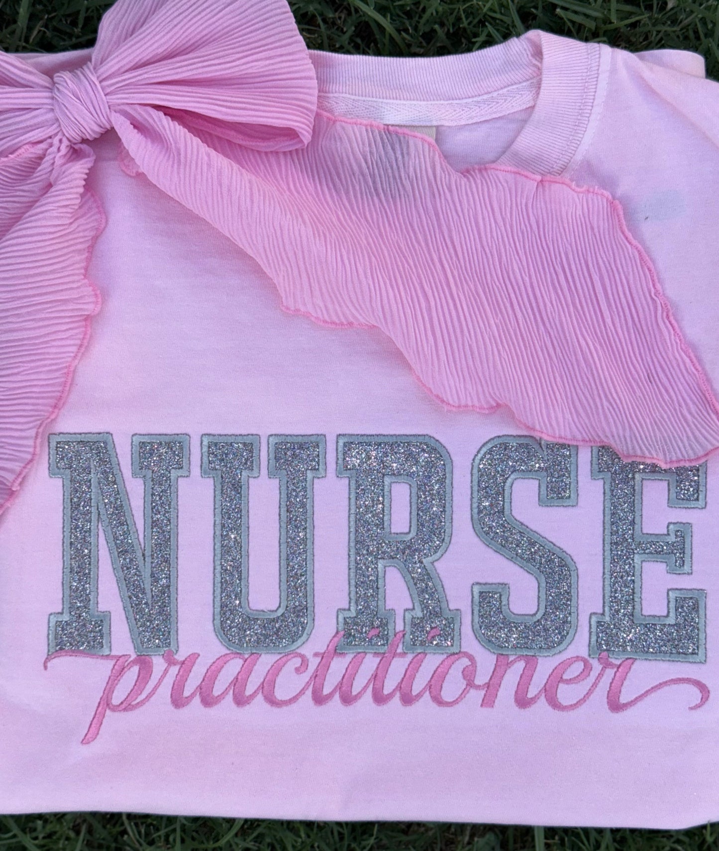 Embroidered Nurse Practitioner Shirt – Glitter Appliqué & Script Embroidery – Pink Medical Apparel Gift for Nurses