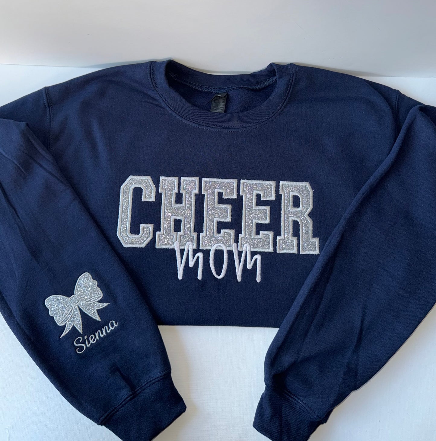 Cheer Mom Custom Appliqué Sweatshirt – Personalized with Name + Glitter Bow