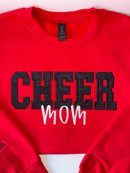 Cheer Mom Custom Appliqué Sweatshirt – Personalized with Name + Glitter Bow