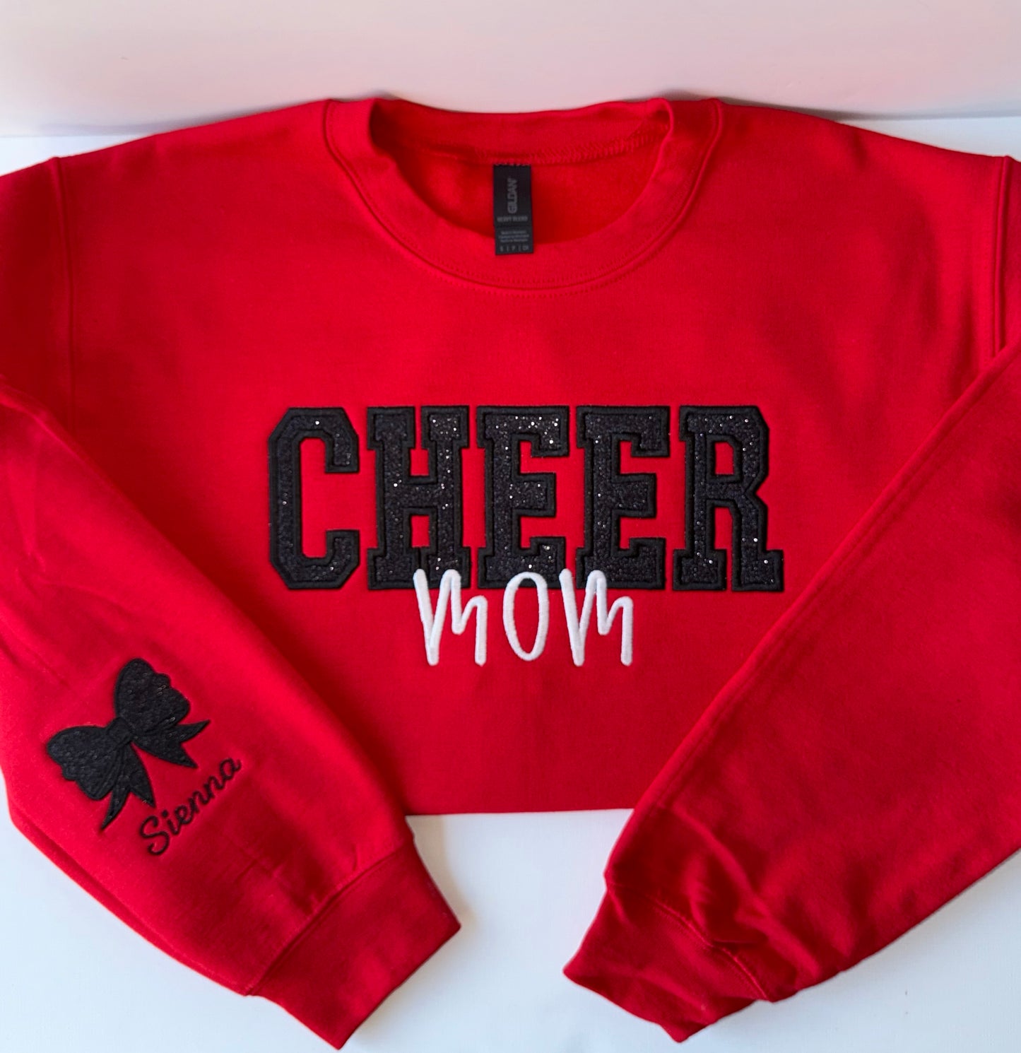 Cheer Mom Custom Appliqué Sweatshirt – Personalized with Name + Glitter Bow