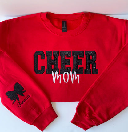 Cheer Mom Custom Appliqué Sweatshirt – Personalized with Name + Glitter Bow