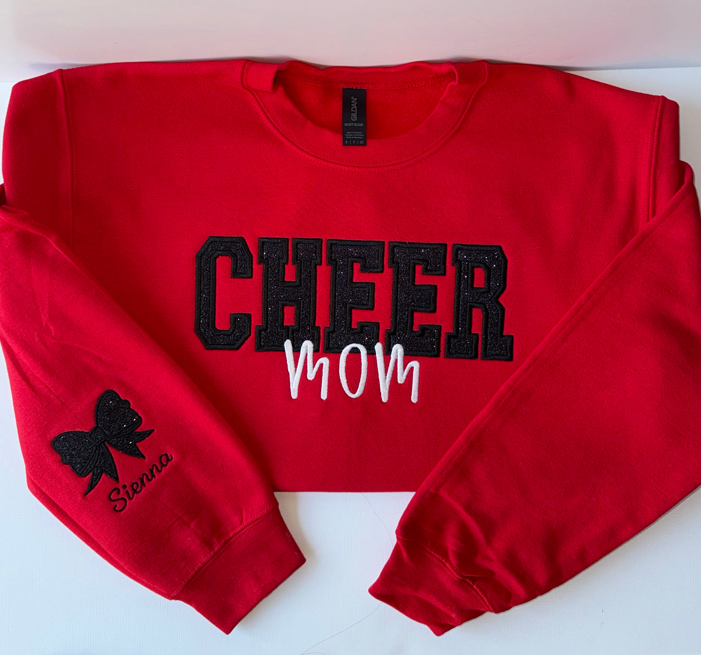 Cheer Mom Custom Appliqué Sweatshirt – Personalized with Name + Glitter Bow