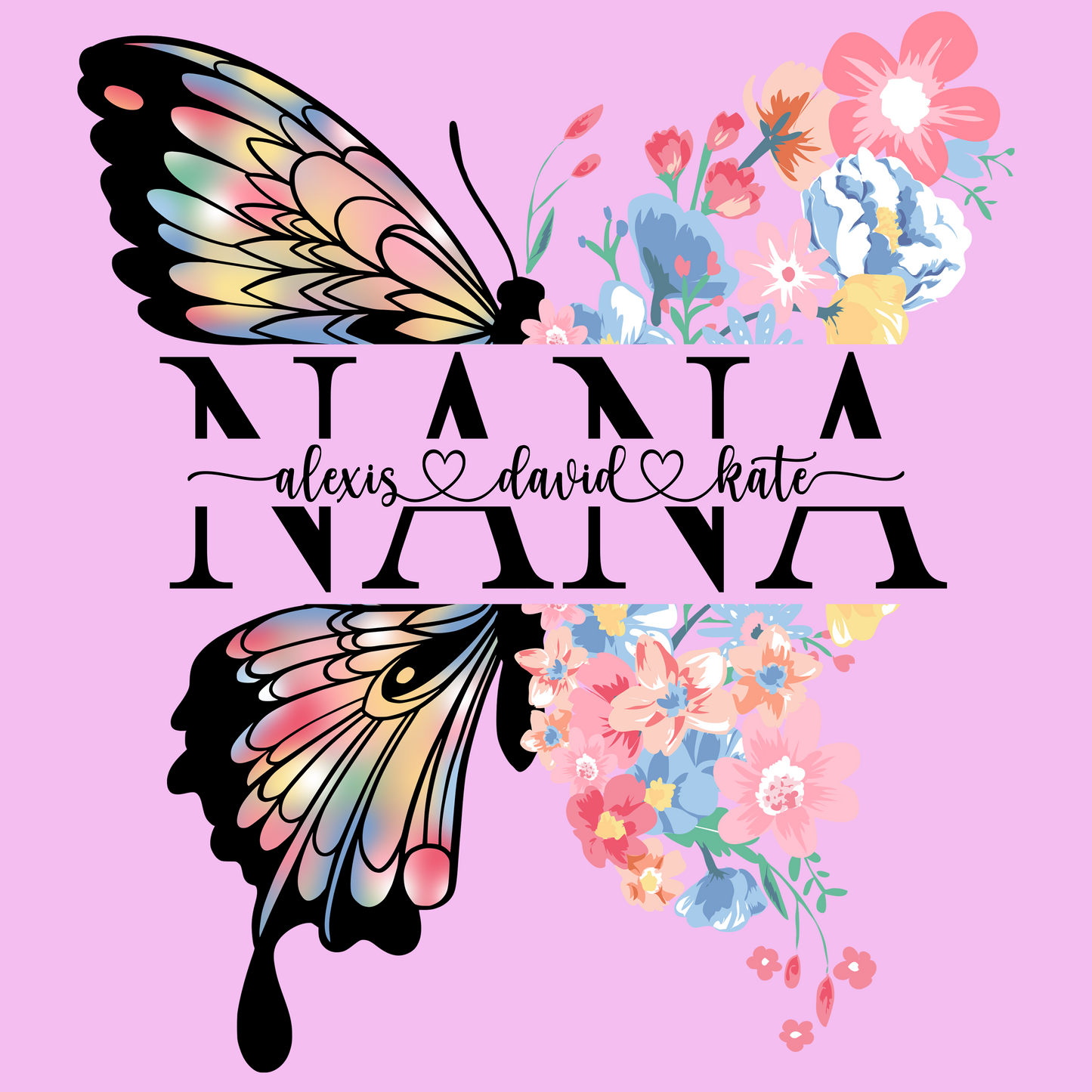 Personalized Butterfly & Floral T-Shirt – Custom Mom, Grandma, Nana, or Mimi Design