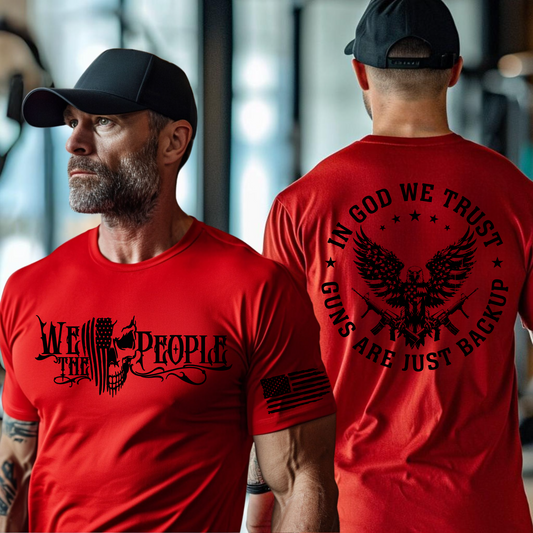 "In God We Trust, Guns Are Just Backup" Men's Patriotic T-Shirt – 2A Pro-Gun Rights Shirt