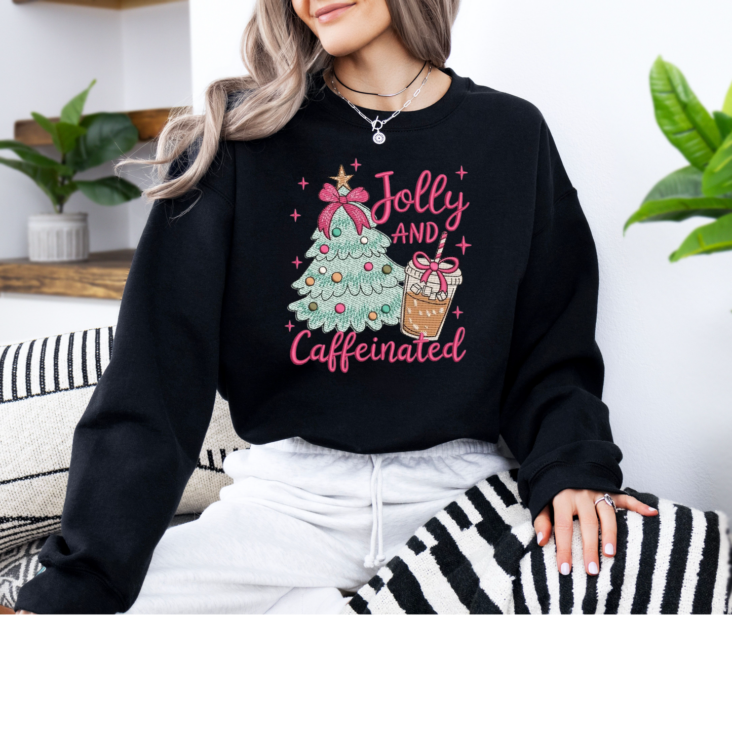Jolly & Caffeinated Christmas Embroidered Sweatshirt or T-Shirt | Cute Holiday Coffee Design