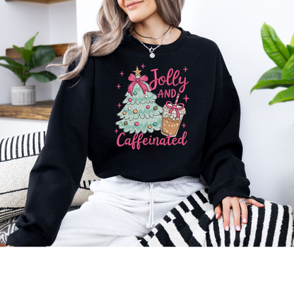 Jolly & Caffeinated Christmas Embroidered Sweatshirt or T-Shirt | Cute Holiday Coffee Design
