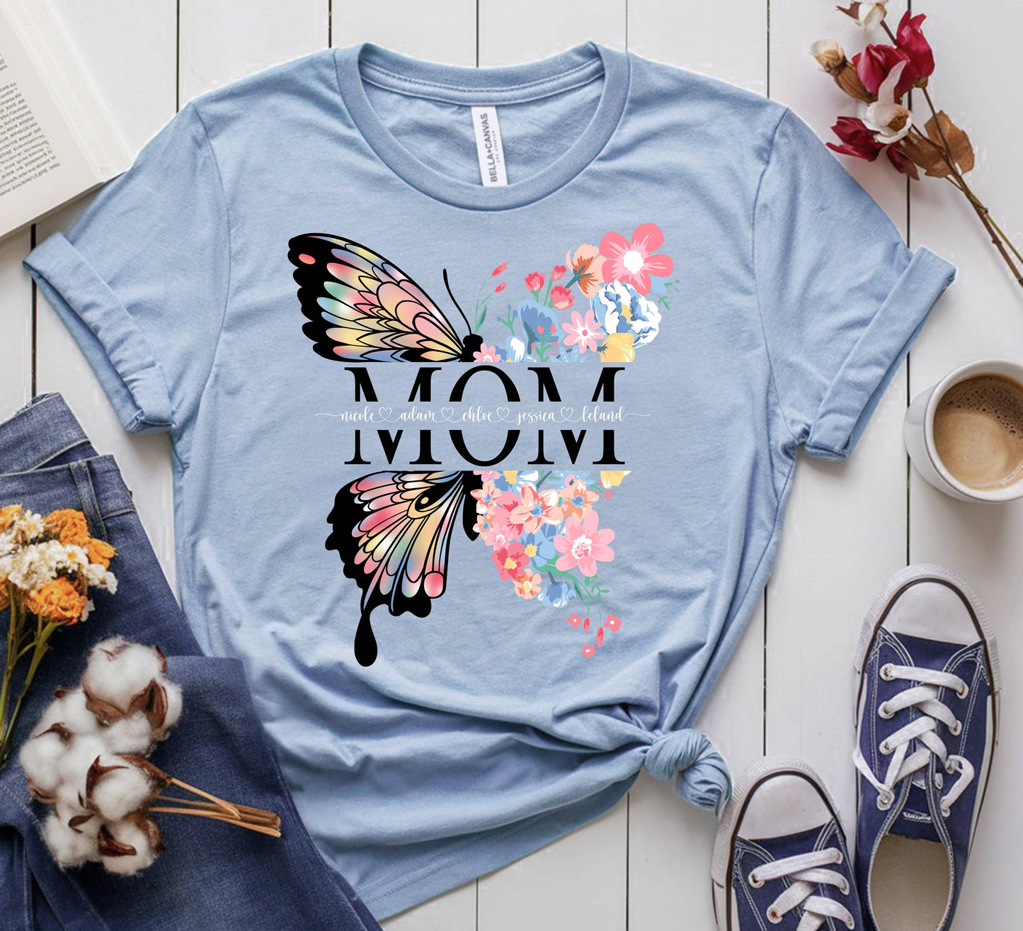 Personalized Butterfly & Floral T-Shirt – Custom Mom, Grandma, Nana, or Mimi Design