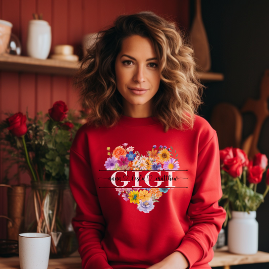 Personalized Gigi, Mimi, Nana, or Grandma Sweatshirt – Heart-Shaped Floral Design with Names