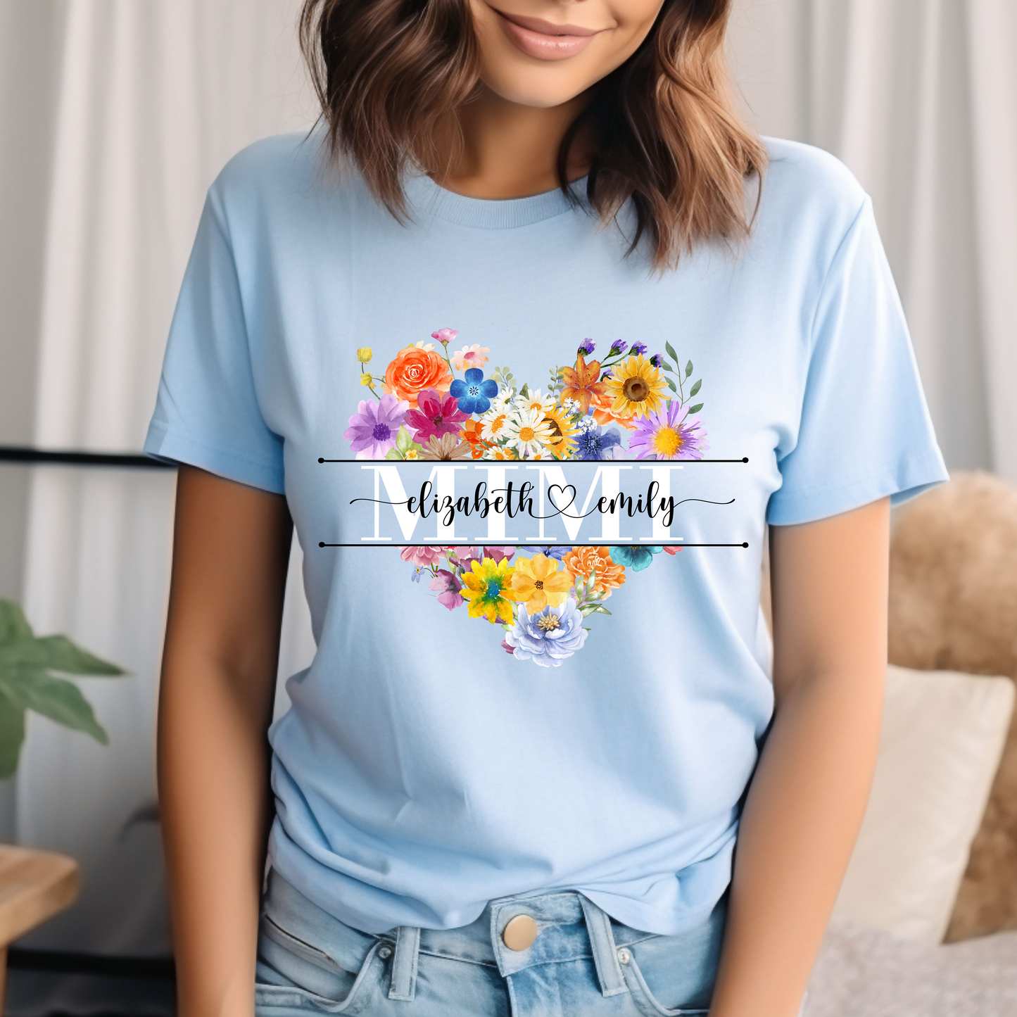 Personalized Gigi, Mimi, Nana, or Grandma Sweatshirt – Heart-Shaped Floral Design with Names