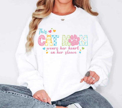 "Cat Mom Wears Her Heart on Her Sleeve" Sweatshirt – Personalized with Cat Names