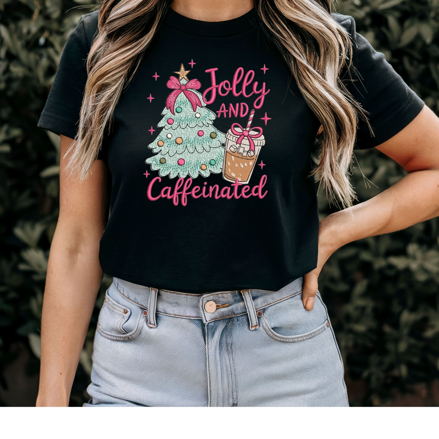 Jolly & Caffeinated Christmas Embroidered Sweatshirt or T-Shirt | Cute Holiday Coffee Design