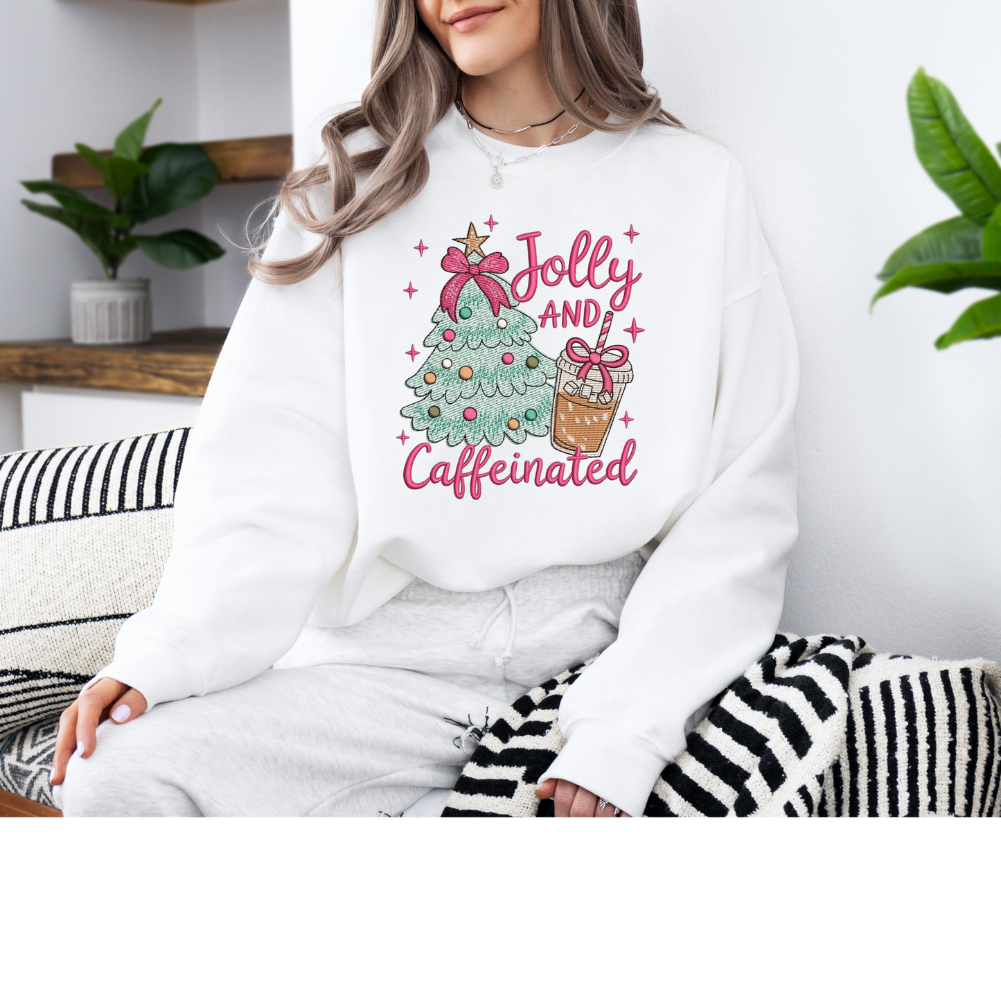 Jolly & Caffeinated Christmas Embroidered Sweatshirt or T-Shirt | Cute Holiday Coffee Design